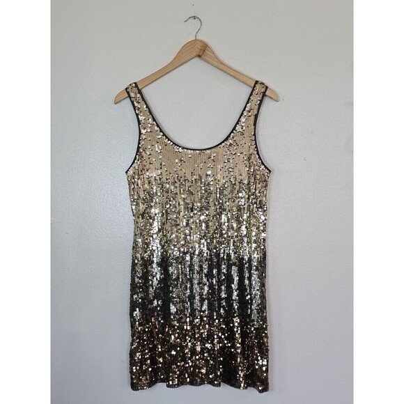 Express Gold Gradient Sequin Mini Dress Womens Size M Lined Party Formal Swiftie - Picture 1 of 9